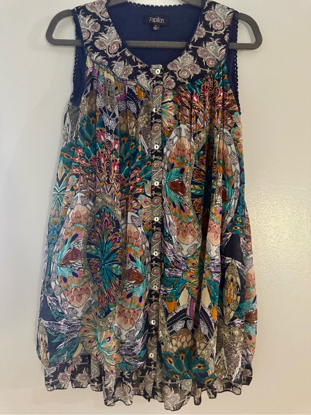 Papillon Boho Peacock Mandala Chiffon Sleeveless Blouse Top - Size S